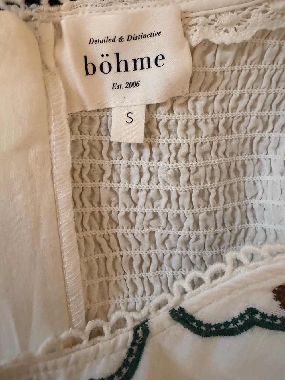 Boheme White Maxi Dress. Eyelet Embroidery and Blush/Yellow Trim - Picture 8 of 16